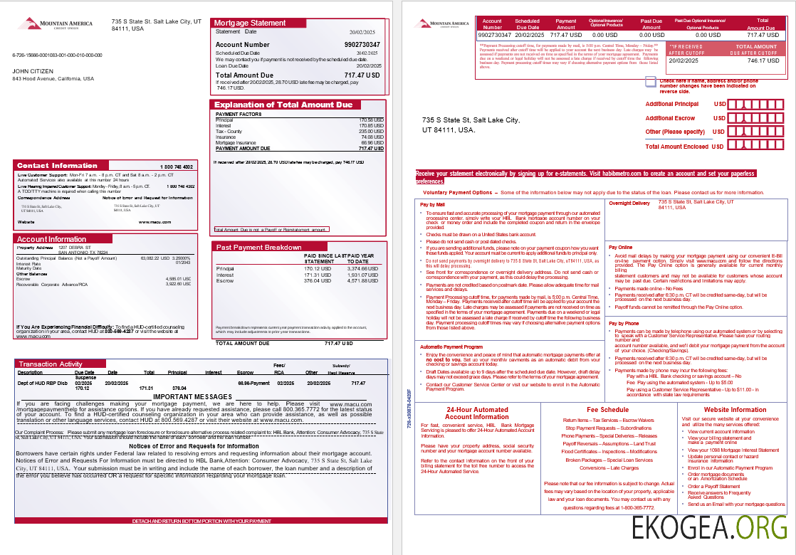 Relevé d'hypothèque bancaire USA Mountain America Credit Union aux formats Word et PDF, 3 pages 1 , 2